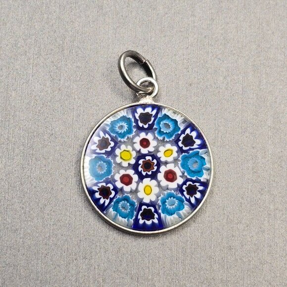 PD Jewelry - Murano Glass Millefiori Pendant 1" Sterling Silver Blue White Italy Signed PD